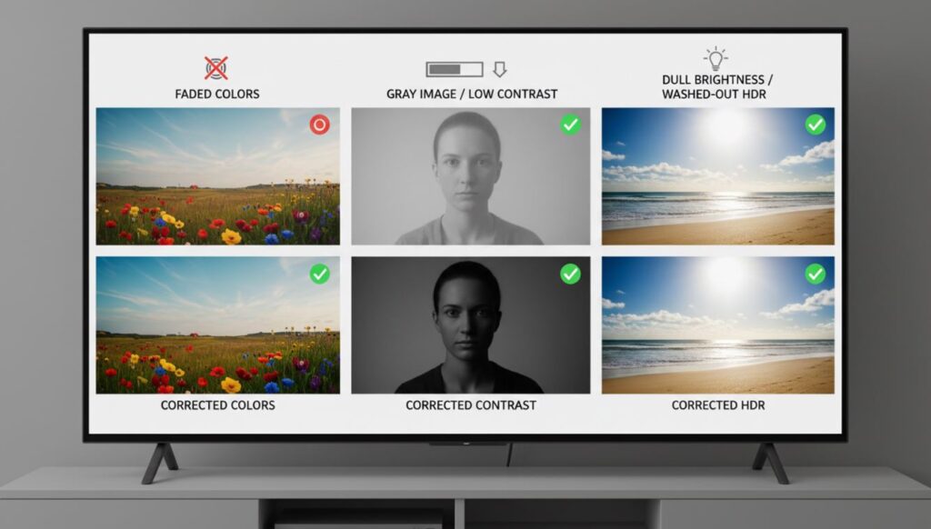 Smart TV showing HDR issues like washed-out colors, gray image, low contrast and corrected HDR display comparison - TechNexa Hub