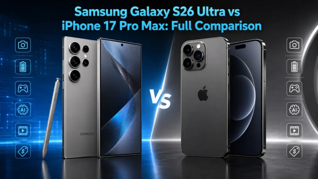 Samsung Galaxy S26 Ultra vs iPhone 17 Pro Max comparison image showing cameras, S Pen, AI, battery, gaming, and price - TechNexa Hub