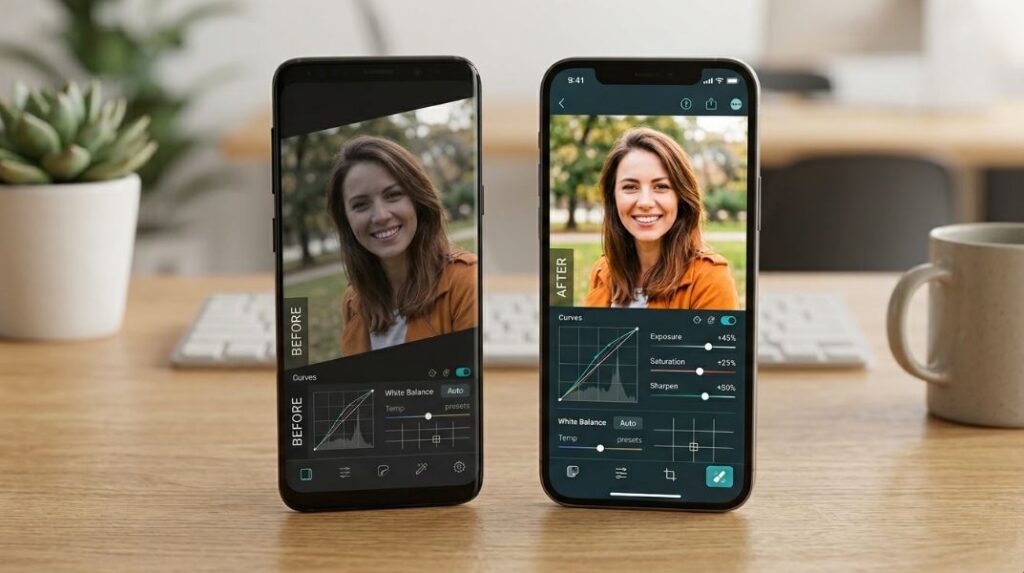 snapseed best free photo editing app android iphone Snapseed photo editing app shown on Android and iPhone with before and after portrait edits, curves, exposure, sharpening, and white balance tools. - TechNexa Hub