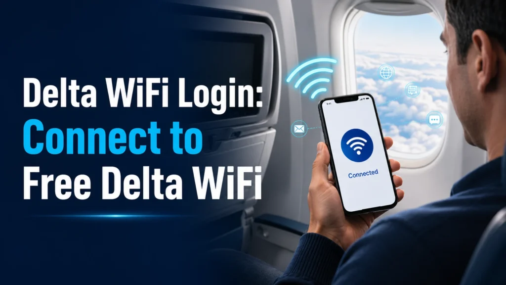 Traveler in airplane cabin using phone for Delta WiFi Login and free Delta WiFi connection guide - TechNexa hub