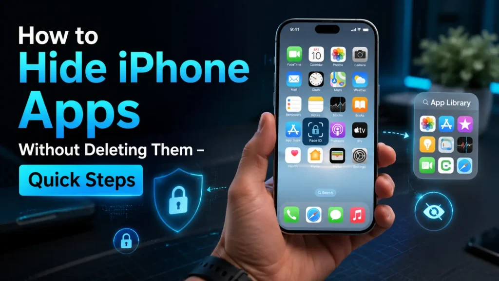 How to Hide iPhone Apps How to Hide iPhone Apps Without Deleting Them – realistic iPhone showing Face ID app hiding, App Library, and privacy features for securely hiding apps on iOS. - TechNexa Hub