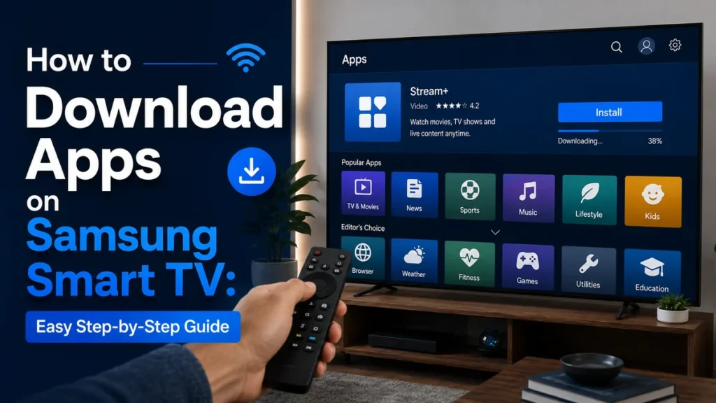 How to download apps on Samsung Smart TV using the Apps menu, Search icon, and Install button with Samsung remote - TechNexa Hub