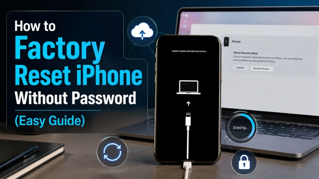 How to factory reset iPhone without password using recovery mode, a connected laptop, cloud backup, and secure iPhone restore options. - TechNexa Hub