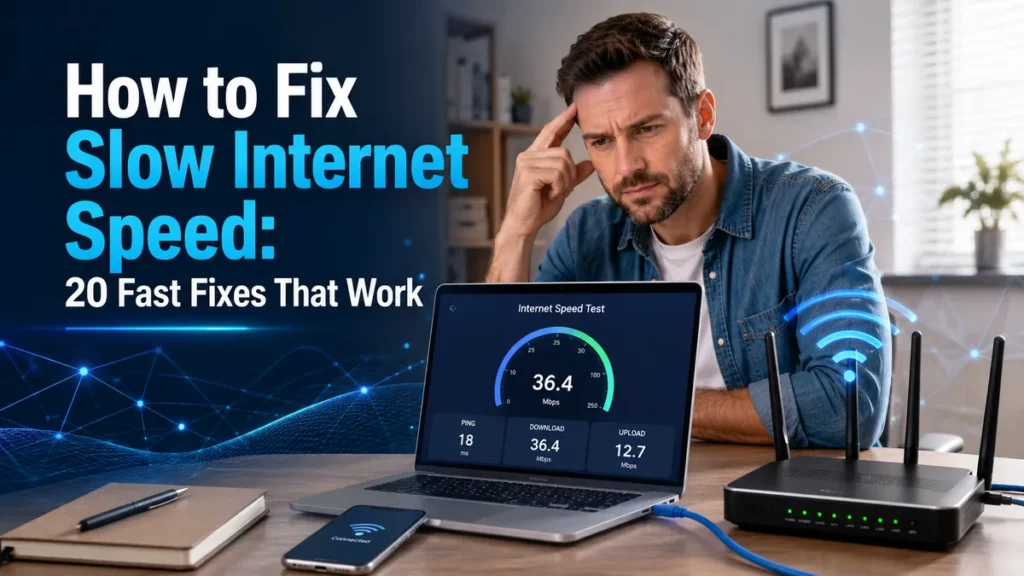 How to fix slow internet speed with laptop speed test, WiFi router, smartphone, and home network troubleshooting for faster internet connection. - TechNexa Hub