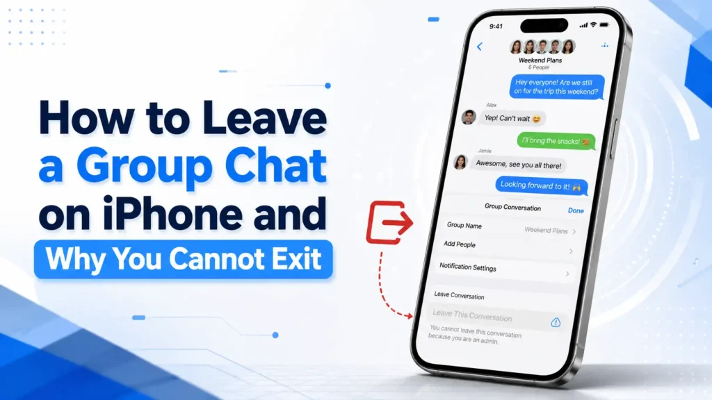 How to leave a group chat on iPhone, showing an iPhone group conversation with the Leave This Conversation option unavailable. - TechNexa Hub
