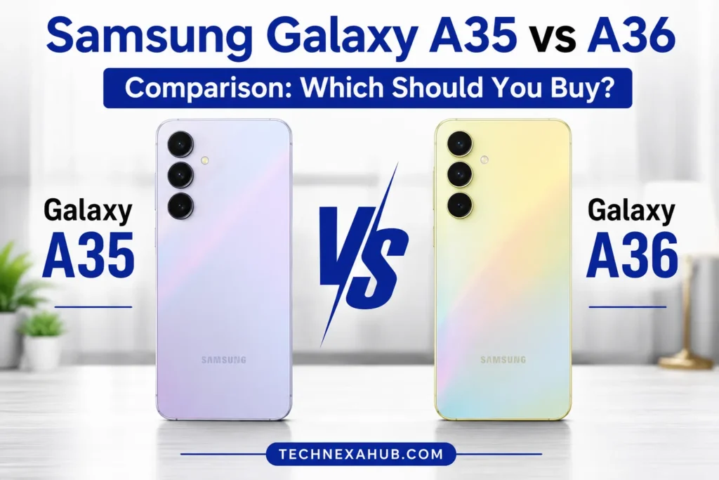 Samsung Galaxy A35 vs A36 comparison feature image showing both smartphones side by side, highlighting design, display, camera, performance, battery life, and key differences. - Rizwards Leather