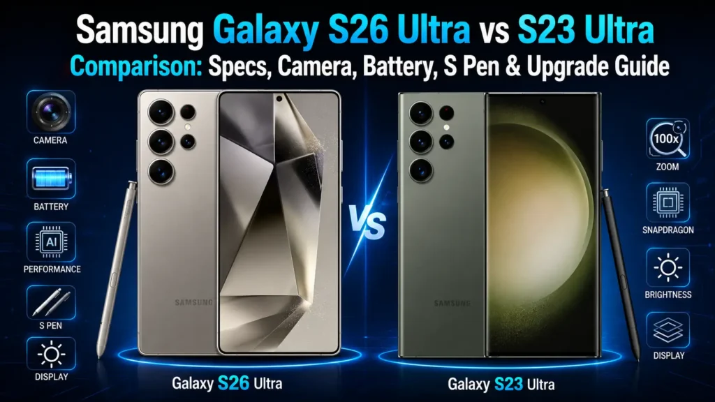 Samsung Galaxy S26 Ultra vs S23 Ultra comparison featured image showing camera, battery, S Pen, Snapdragon performance, display brightness, and zoom differences - techNexa Hub