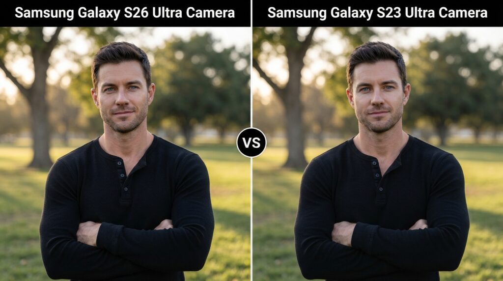 Samsung Galaxy S26 Ultra vs Samsung Galaxy S23 Ultra camera comparison showing the same male portrait captured under identical lighting to compare image quality, HDR, detail, color accuracy, and portrait photography performance. - TechNexa Hub