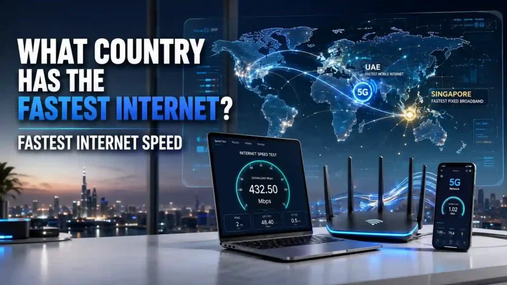 What Country Has the Fastest Internet What Country Has the Fastest Internet? Featured image showing Singapore as the fastest fixed broadband country, the UAE as the fastest mobile internet country, and a global internet speed comparison. - TechNexa Hub