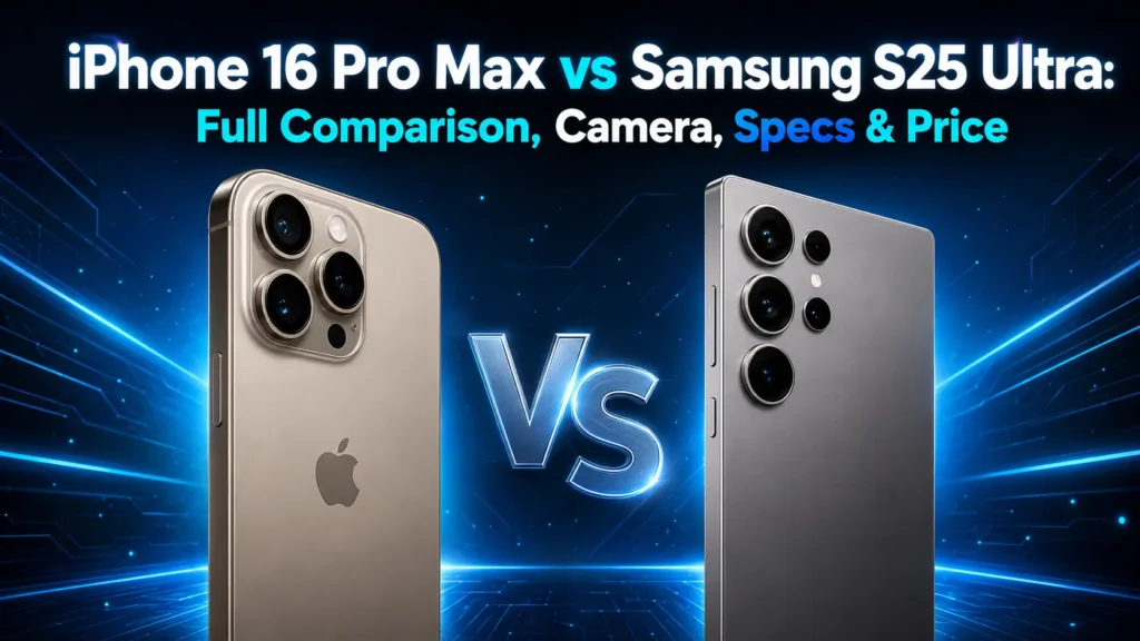 iPhone 16 Pro Max vs Samsung Galaxy S25 Ultra comparison showing both flagship smartphones with camera, display, specs, battery, gaming, and price differences - TechNexa Hub
