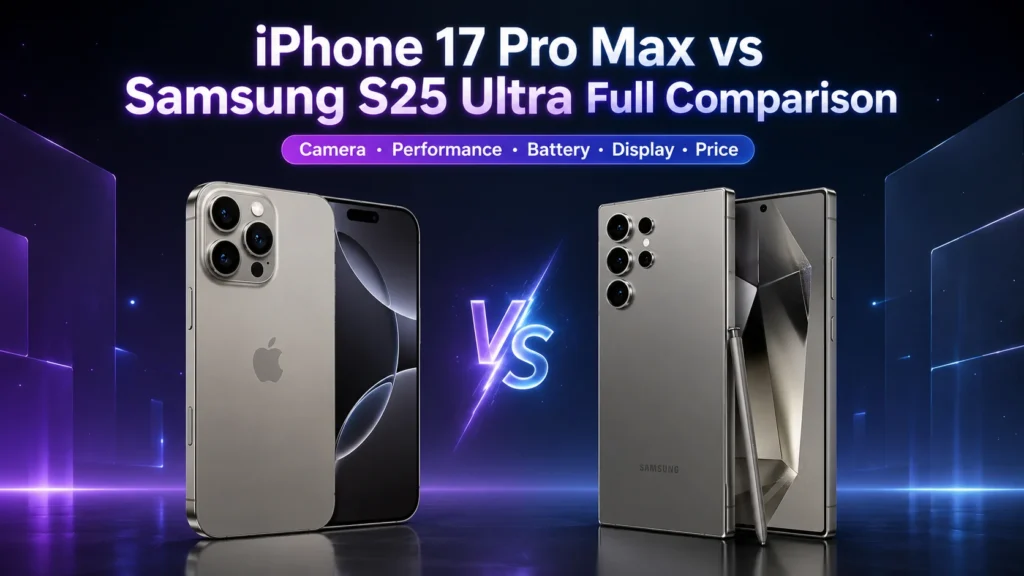 iPhone 17 Pro Max vs Samsung S25 Ultra full comparison showing the latest Apple and Samsung flagship smartphones with camera, display, battery, performance, and price comparison. - TechNexa Hub