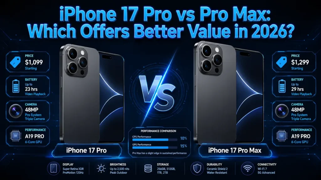 iPhone 17 Pro vs Pro Max comparison graphic with two futuristic smartphones, VS text, price, battery, camera, and performance icons on a dark blue tech background. - TechNexa Hub