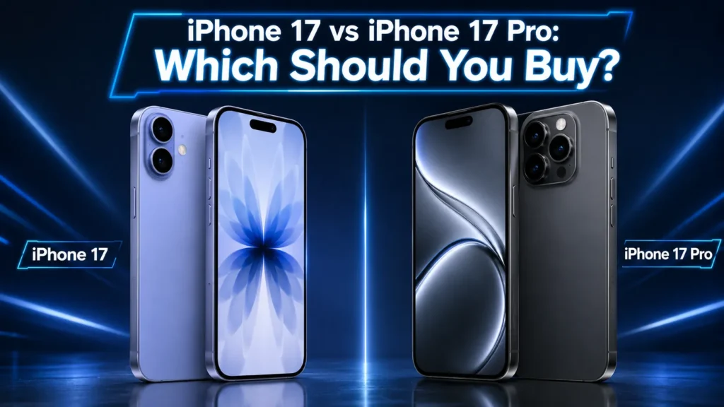 iPhone 17 vs iPhone 17 Pro comparison feature image showing design, camera setup, display, specs, and buying guide for choosing the best iPhone. - TechNexa Hub