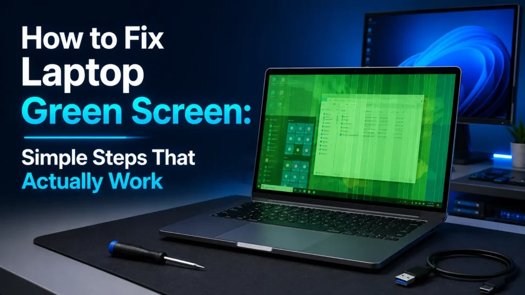 How to fix laptop green screen showing a green-tinted laptop display with repair tools, cable check, and external monitor troubleshooting setup - TechNexa Hub