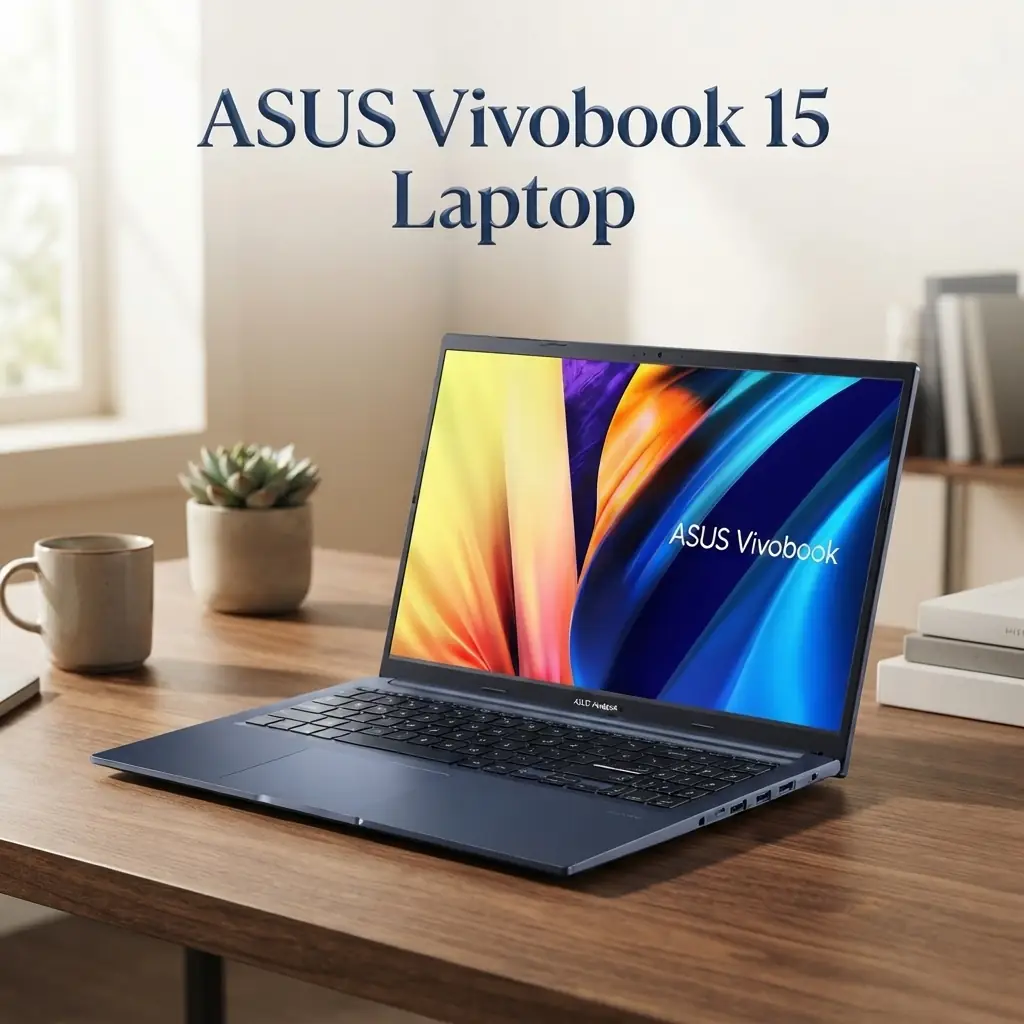 ASUS Vivobook 15 Laptop in blue on a wooden desk with vibrant display, one of the Best Laptops for Writers for productivity, creativity, multitasking, and daily work. - TechNexa Hub