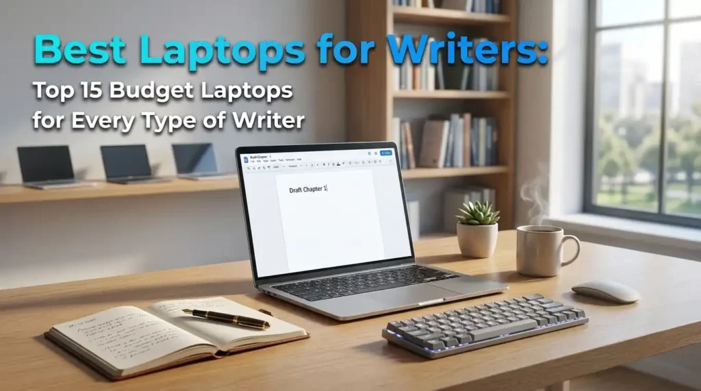 Best Laptops for Writers list comparing Apple MacBook Air M4, Lenovo ThinkPad E16, Acer Aspire 5, Samsung Galaxy Book5, Dell Inspiron 14, and other top budget laptops. - TechNexa Hub