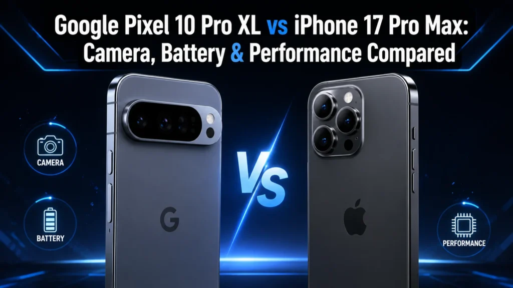 Google Pixel 10 Pro XL vs iPhone 17 Pro Max shown side by side, highlighting their cameras, battery, performance, and flagship smartphone design. - TechNexa Hub