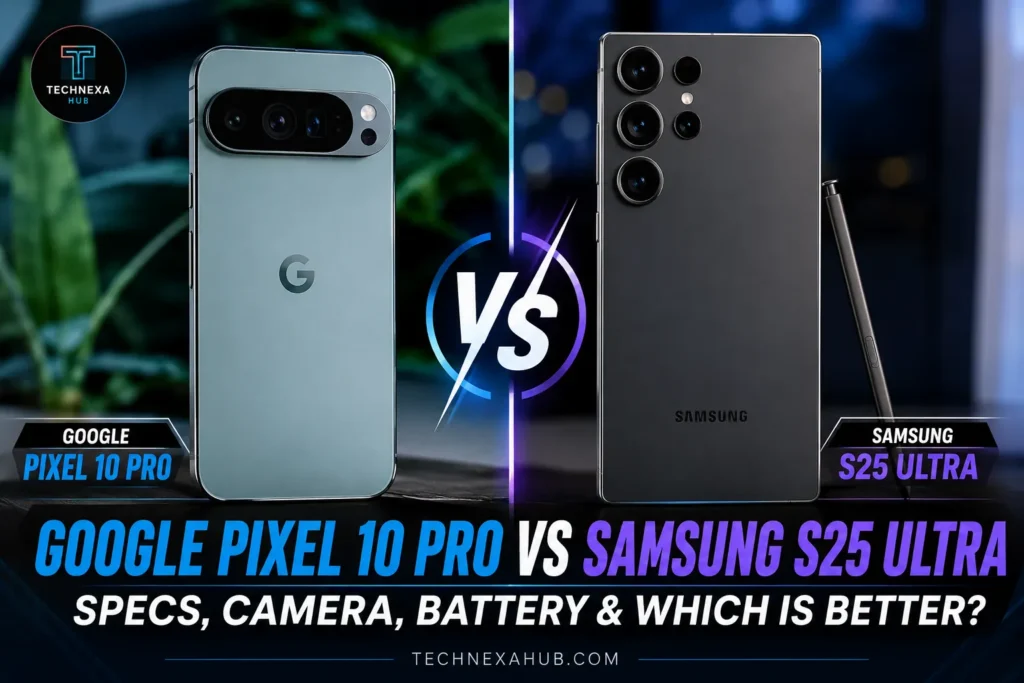 Google Pixel 10 Pro vs Samsung S25 Ultra comparison featuring specs, camera, battery, and performance - TechNexa Hub