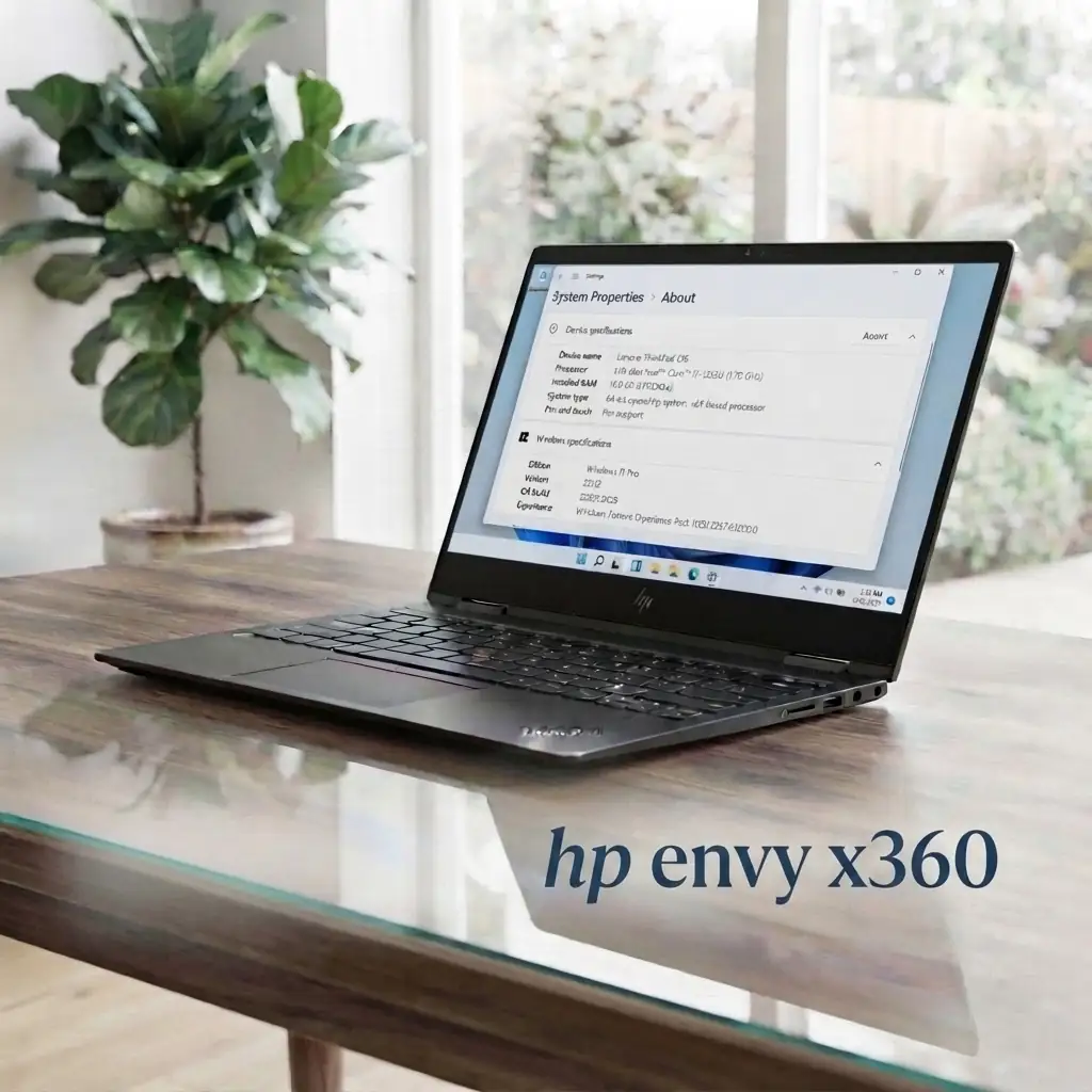 HP Envy x360 Laptop on a wooden table showcasing its premium convertible design with Windows 11, one of the Best Laptops for Writers and everyday productivity. - TechNexa Hub