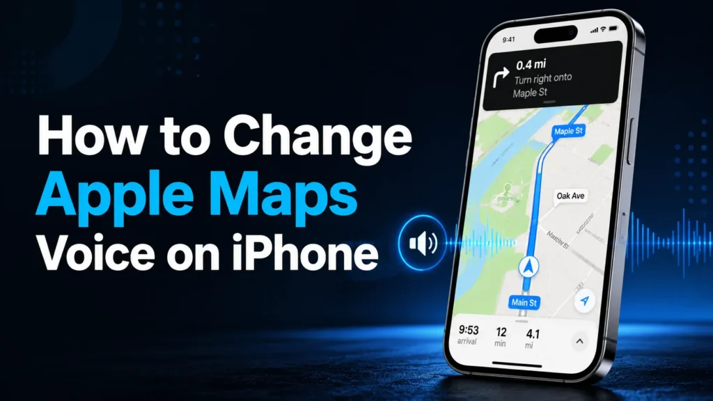How to change Apple Maps voice on iPhone with navigation directions and voice settings displayed on a smartphone - TechNexa Hub