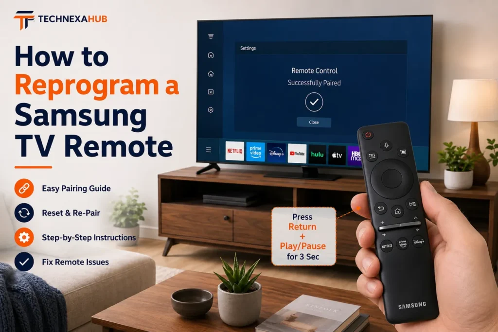 How to reprogram a Samsung TV remote with a Smart Remote in a modern living room, showing the pairing process and Return plus Play/Pause buttons. - TechNexa Hub