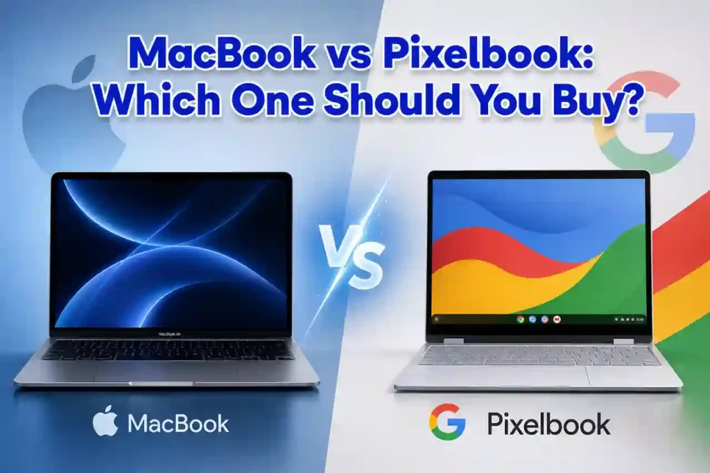 MacBook vs Pixelbook comparison showing Apple MacBook and Google Pixelbook side by side to compare performance, display, battery life, software, and value before buying. - TechNexa Hub