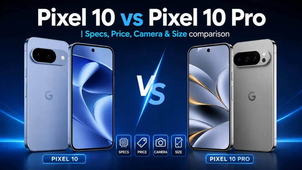Pixel 10 vs Pixel 10 Pro showing specs, price, camera, and size comparison - TechNexa Hub