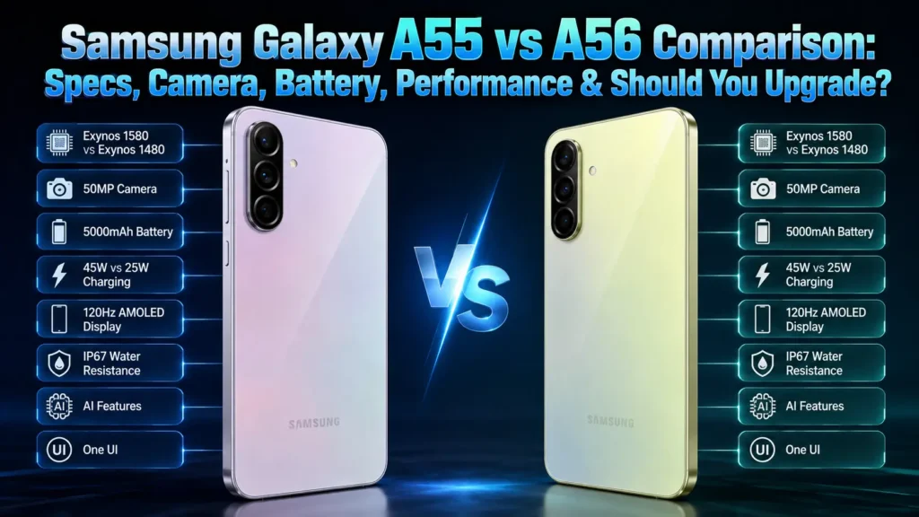 Samsung Galaxy A55 vs A56 comparison showing specs, camera, battery, display, performance, charging, and design differences between Samsung Galaxy A55 and Galaxy A56 smartphones. - TechNexa Hub