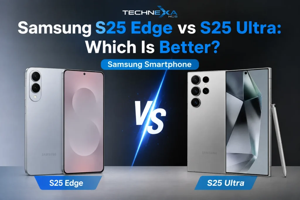 Samsung S25 Edge vs S25 Ultra comparison showing both Galaxy smartphones, highlighting the S25 Edge and S25 Ultra design, cameras, display, and flagship features - TechNexa Hub