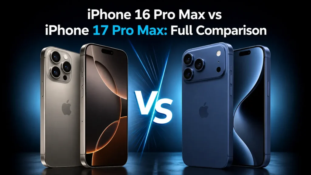 iPhone 16 Pro Max vs iPhone 17 Pro Max Full Comparison showing both flagship iPhones side by side - TechNexa Hub