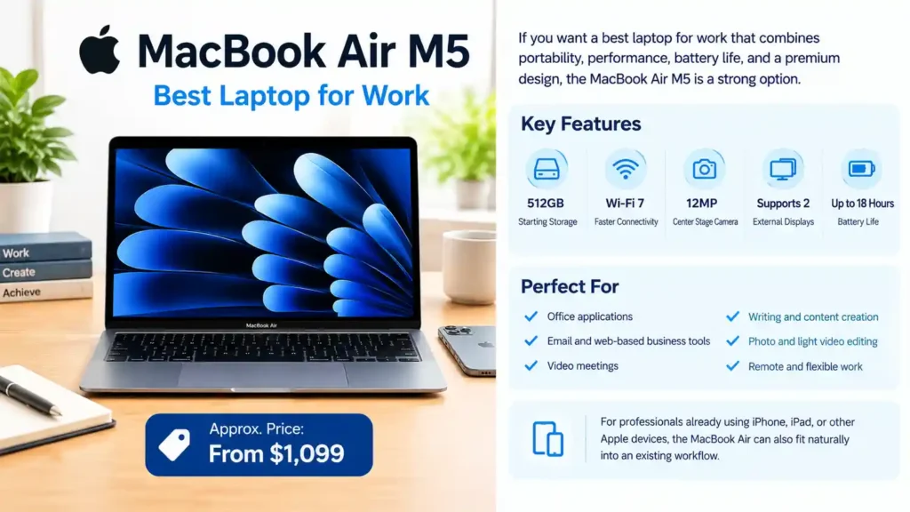 Apple MacBook Air M5 best laptop for work with 512GB storage, Wi-Fi 7, 12MP camera, 18-hour battery, and $1,099 price. - TechNexa Hub