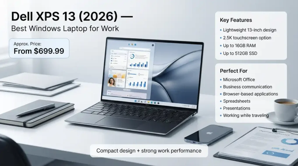 Dell XPS 13 (2026) best Windows laptop for work with 13-inch design, 2.5K touchscreen, 16GB RAM, 512GB SSD, and $699.99 starting price. - TechNexa Hub