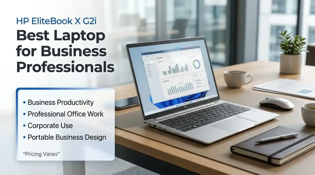 HP EliteBook X G2i best laptop for business professionals, shown on a modern office desk for professional productivity, corporate work, and business tasks. - TechNexa Hub