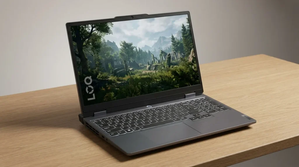 Lenovo LOQ 15 gaming laptop on a wooden desk with a high-refresh display and modern gaming design - TechNexa Hub