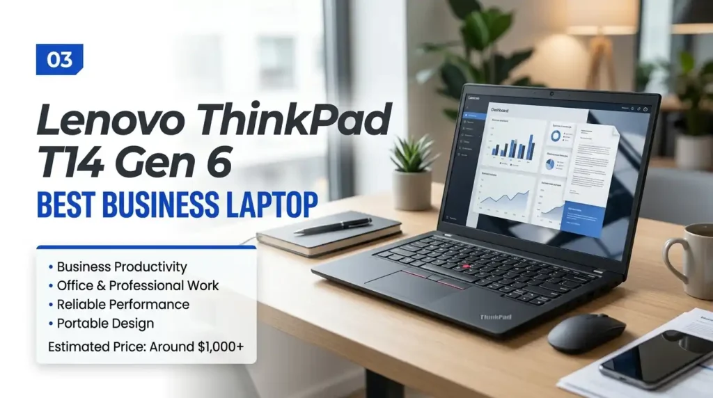 Lenovo ThinkPad T14 Gen 6 best business laptop for office work, professional productivity, corporate tasks, reliable performance, and portable business use. - TechNexa Hub