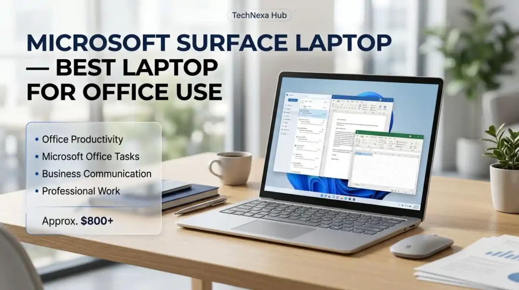 Microsoft Surface Laptop, best laptop for office use, shown on a professional desk for productivity, business communication, Microsoft Office, and daily work. - TechNexa Hub