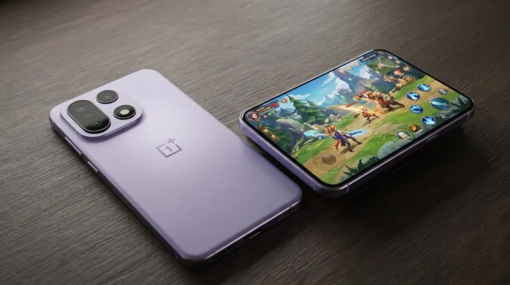 OnePlus 15 gaming smartphone shown from front and rear while running a mobile game - TechNexa Hub