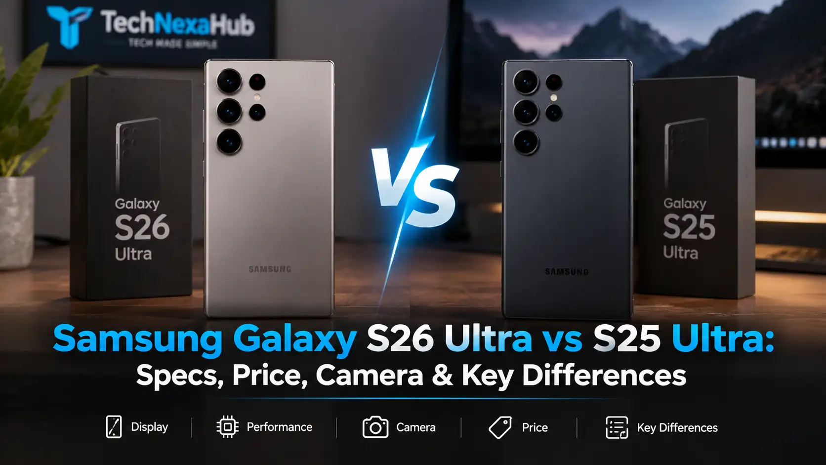 Samsung Galaxy S26 Ultra vs S25 Ultra comparison showing both flagship smartphones for specs, price, camera, display, and performance. - TechNexa Hub