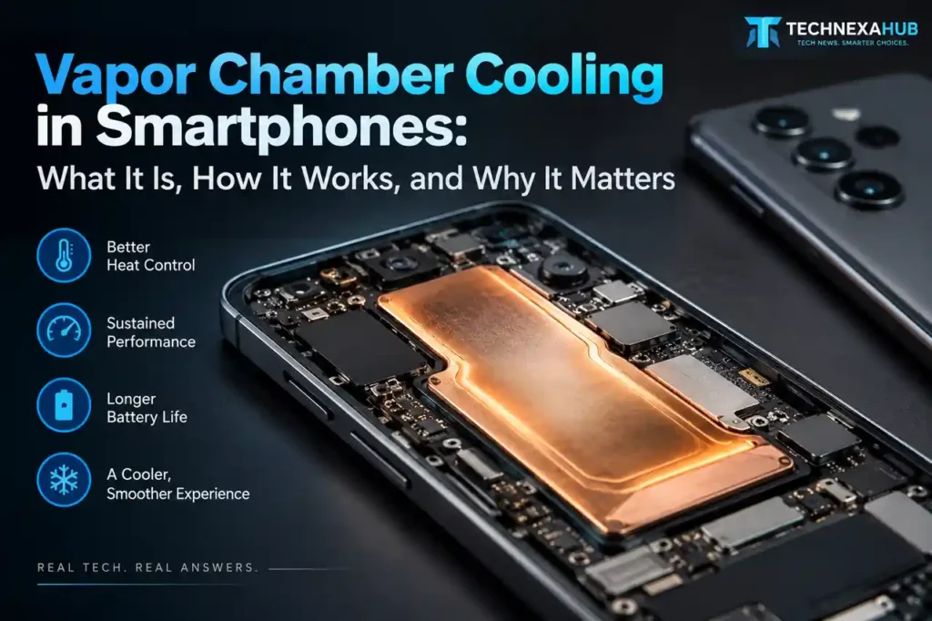 Vapor chamber cooling in smartphones with a realistic view of a copper vapor chamber inside a modern smartphone. - TechNexa Hub