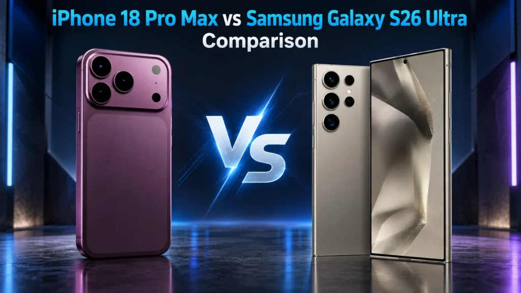 iPhone 18 Pro Max vs Samsung Galaxy S26 Ultra comparison showing both flagship smartphones side by side. - TechNexa Hub