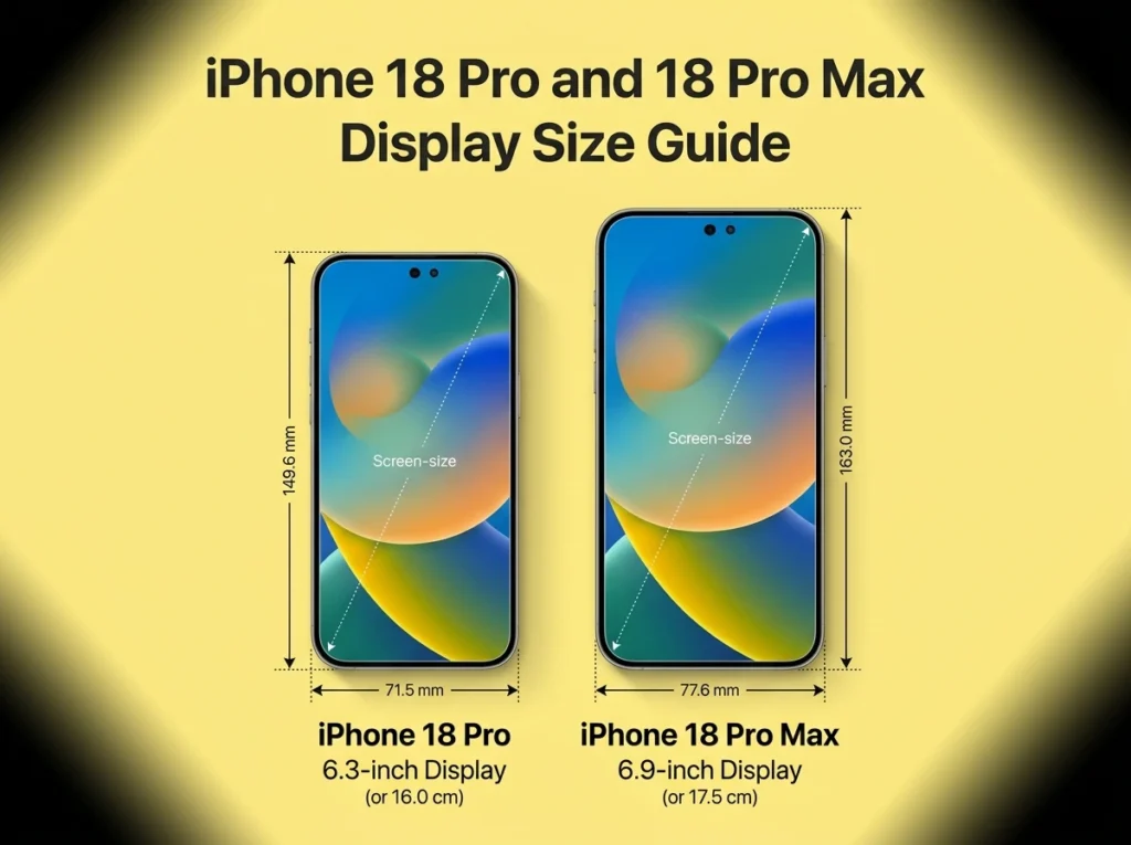 iPhone 18 Pro vs iPhone 18 Pro Max display size comparison showing 6.3-inch and 6.9-inch screens - TechNexa Hub