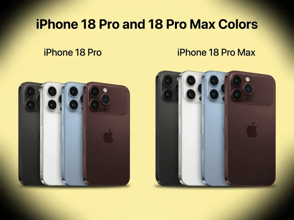 iPhone 18 Pro and iPhone 18 Pro Max colors shown side by side in Black, Silver, Glacier, and Burgundy - TechNexa Hub