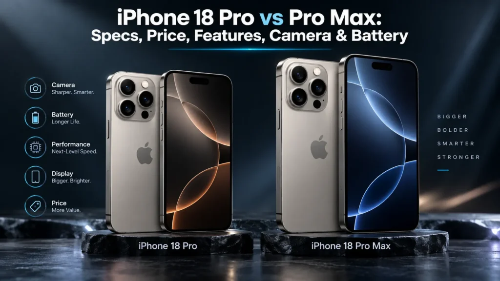iPhone 18 Pro vs iPhone 18 Pro Max feature image showing both smartphones with specs, price, camera, features and battery comparison - TechNexa Hub