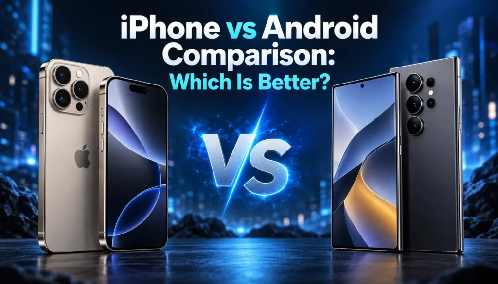 iPhone vs Android comparison showing an iPhone and Android smartphone side by side with a VS symbol. - TechNexa Hub
