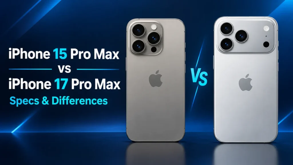 iPhone 15 Pro Max vs iPhone 17 Pro Max comparison image showing both phones side by side - TechNexa Hub